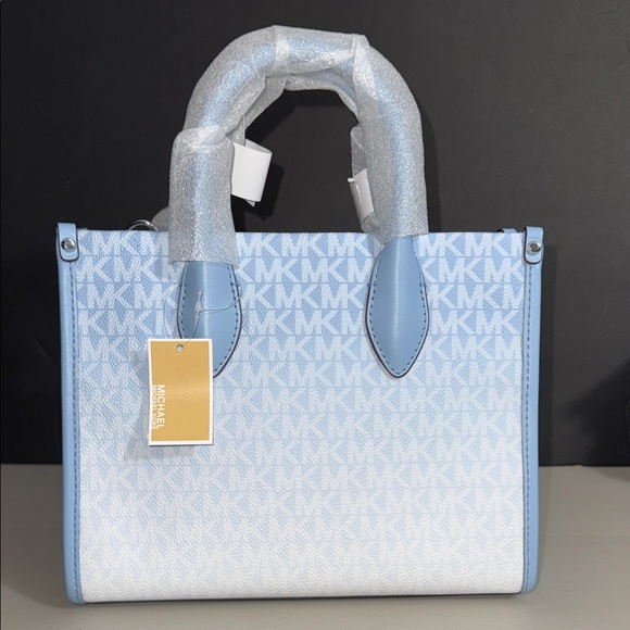 $328 NEW Michael Kors Light Blue and White Tote SHOPPER SMALL TOTE CROSSBODY - Picture 8 of 16